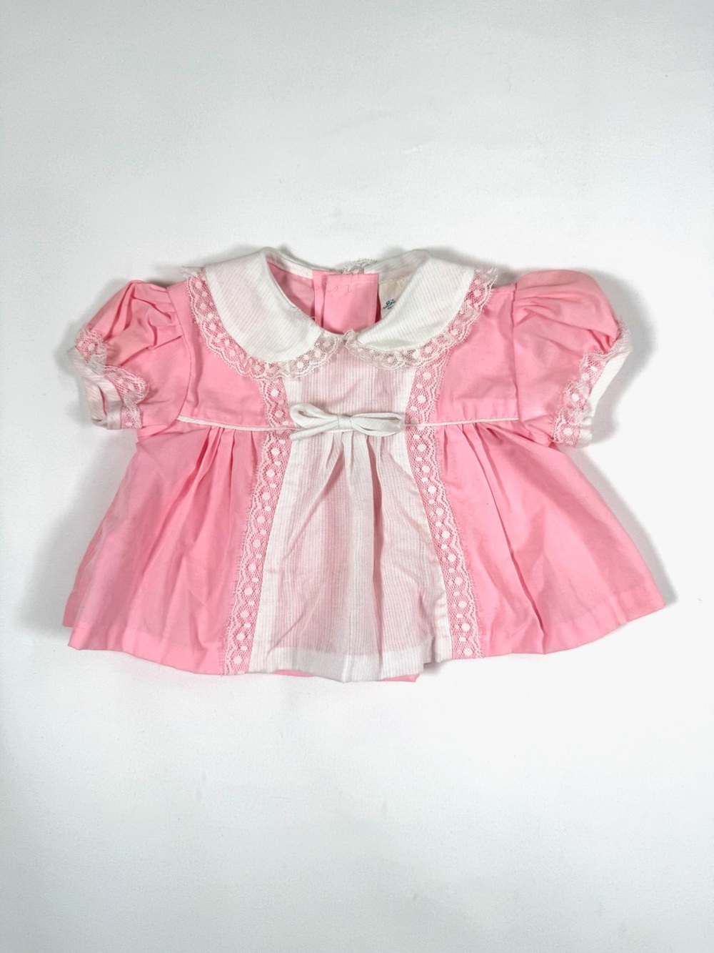 BABYFAIR Vintage 1980s Pink Lace Baby Dress Top Peter Pan Collar Infant 0-6M
